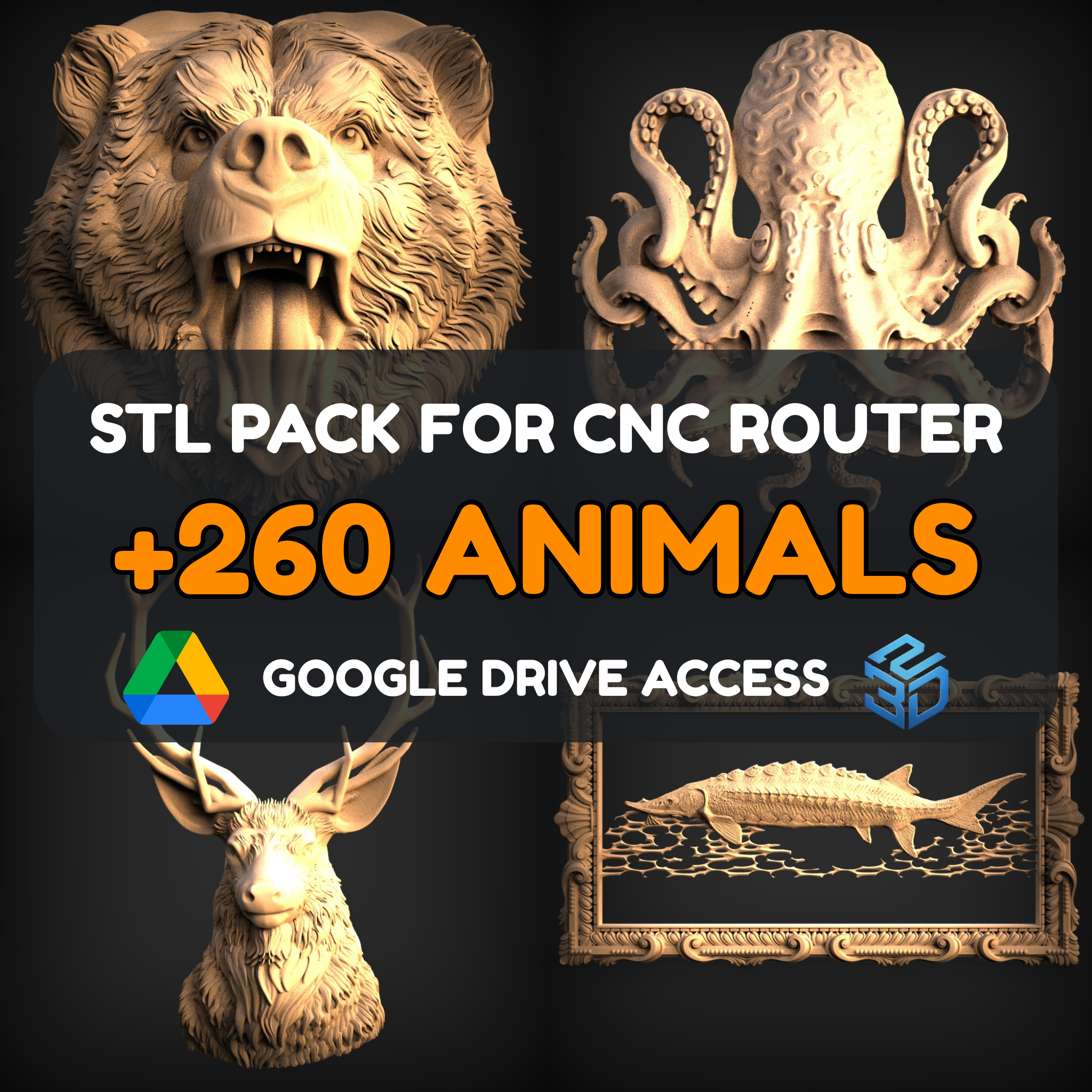 Animals STL Pack – 260+ Models For CNC Routers | Google Drive Access | Commercial License