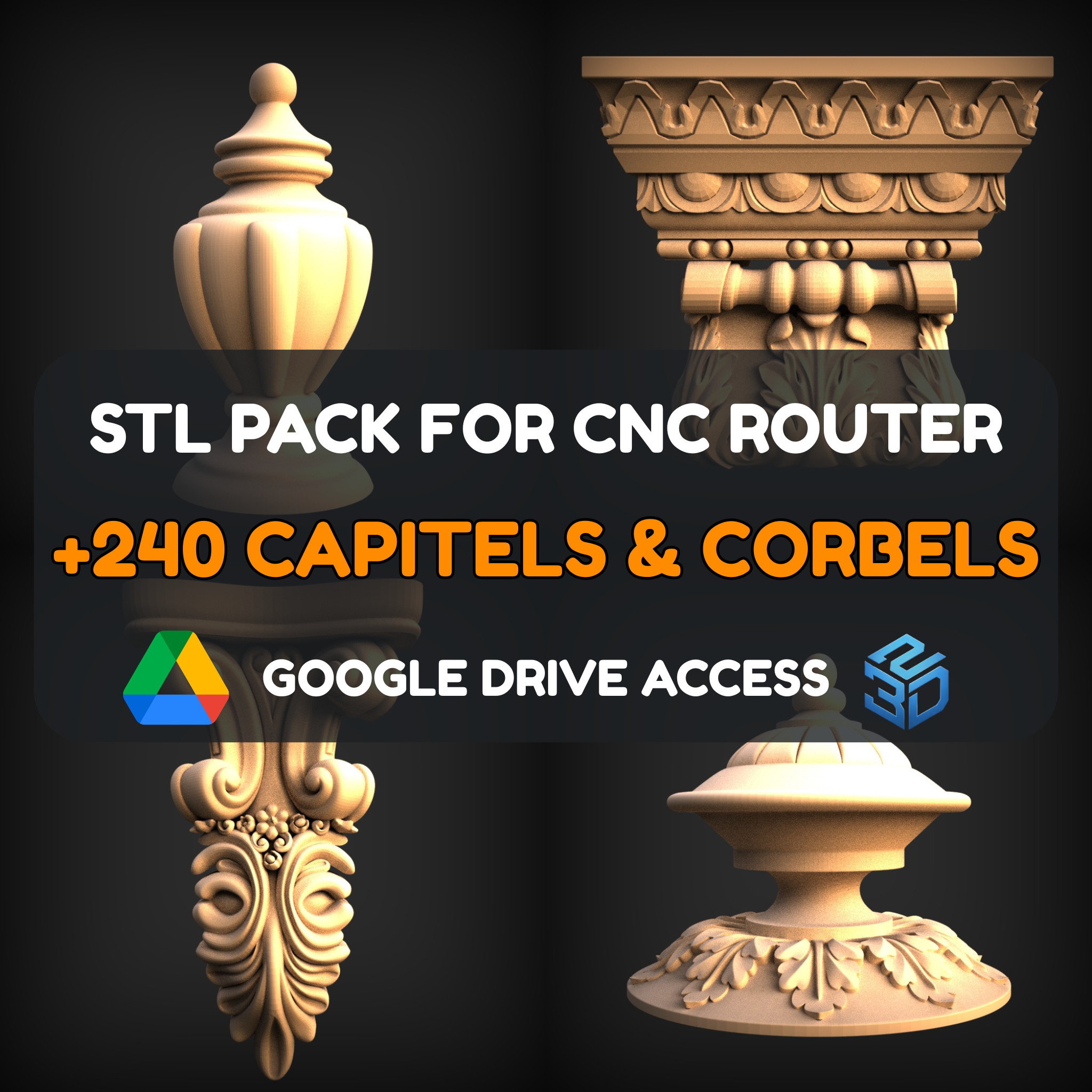 Capitels & Corbels STL Pack – 240+ Models For CNC Routers | Google Drive Access | Commercial License