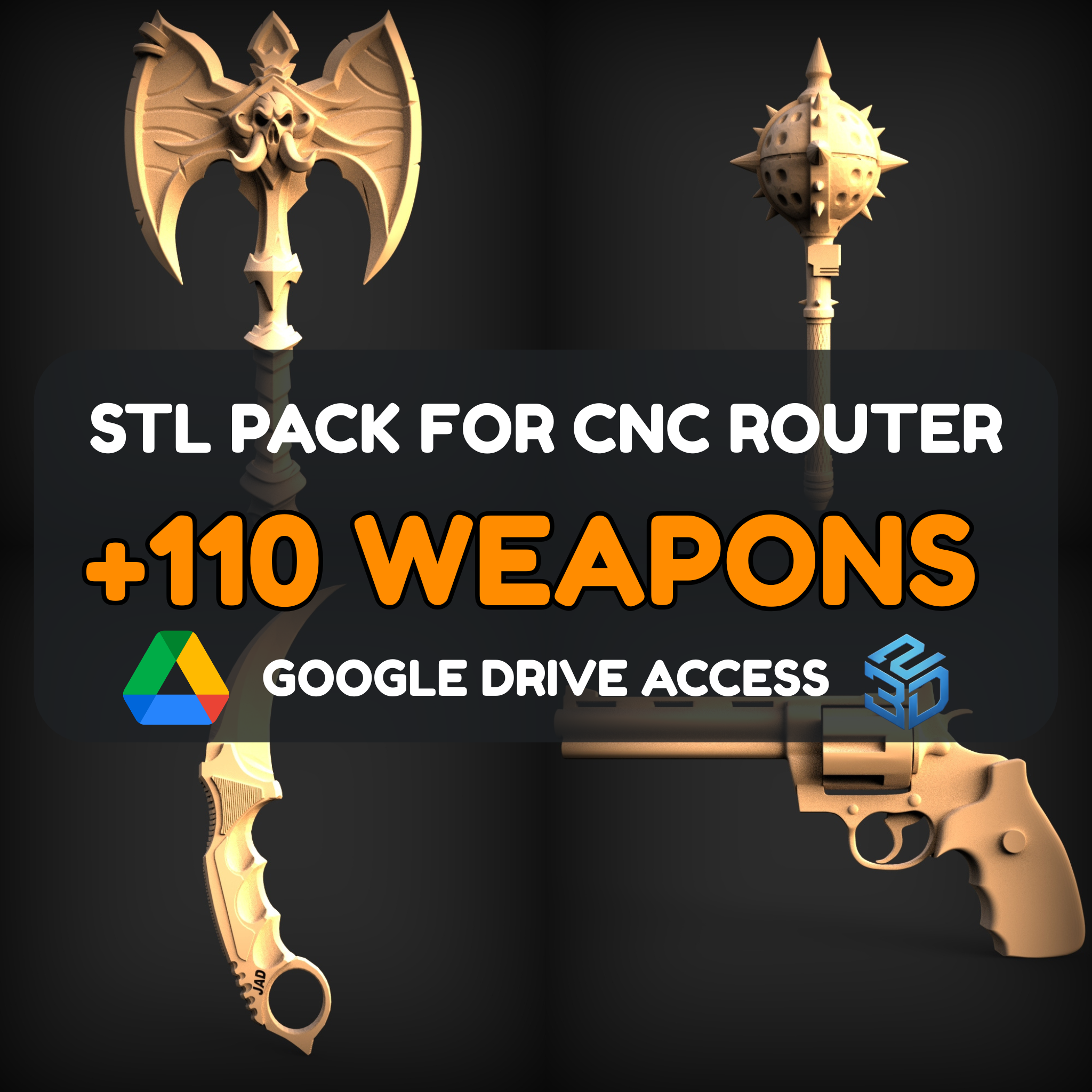 Weapons STL Pack – 110+ Models For CNC Routers | Google Drive Access | Commercial License