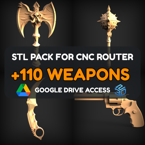 Weapons STL Pack – 110+ Models For CNC Routers | Google Drive Access | Commercial License